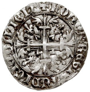 Królestwo Neapolu i Sycylii, Robert Anjou 1309-1343, grosz (gigliato), Aw: Król siedzący na tronie na wprost, trzymający berło i jabłko królewskie, ROBERT DEI GRA IERL ET SICIL REX, Rw: Krzyż z ramionami liliowymi, HONOR REGIS IUDICIU DILIGIT, srebro 3.89 g, CNI XIX/21/1