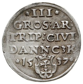 trojak 1537, Gdańsk, korona królewska z krzyżykiem i końcówka napisu na rewersie DANNC3K, Iger G.37.1.b (R1), drobna wada bicia