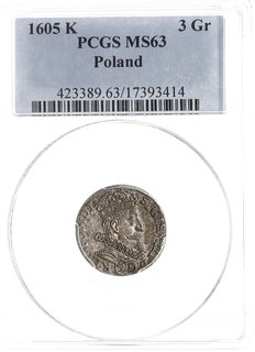 trojak 1602, Kraków, Iger K.02.1.b (R1), moneta w pudełku PCGS z certyfikatem MS 63, patyna, wyśmienity egzemplarz