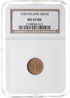 1 grosz 1930, Warszawa, Parchimowicz 101.e, moneta w pudełku NGC z certyfikatem MS65 RD, piękne, w czerwonym odcieniu