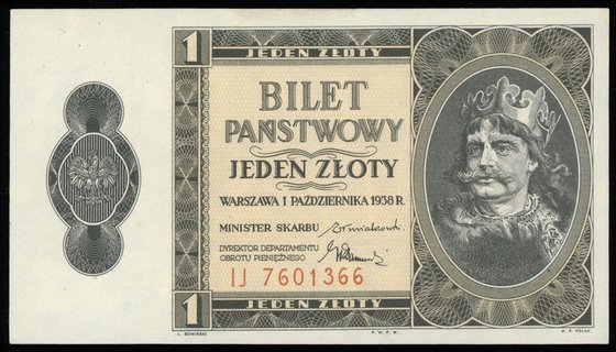1 złoty 1.10.1938, seria IJ, numeracja 7601366, Lucow 719 (R3), Miłczak 78b, wyśmienity egzemplarz, rzadki w tym stanie zachowania