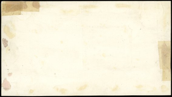 projekt (makieta) strony odwrotnej do banknotu 100 złotych 1.03.1940, bez oznaczenia serii, numeracja 4747953, środkowa część rysunku (z siewcą) wklejona, rysowany piórkiem na białym kartonie, 191x95 mm, Lucow 796 (R8) - ilustrowany w katalogu kolekcji, Miłczak - nie notuje, Ros. - nie notuje, bez zagięć i załamań, ale uszkodzenia papieru po obu stronach, naddarcia na marginesach sklejone podlepkami, całość odrywana (ubytki papieru na stronie odwrotnej), niezwykła rzadkość