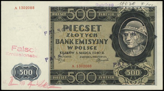 500 złotych 1.03.1940, seria A, numeracja 130208