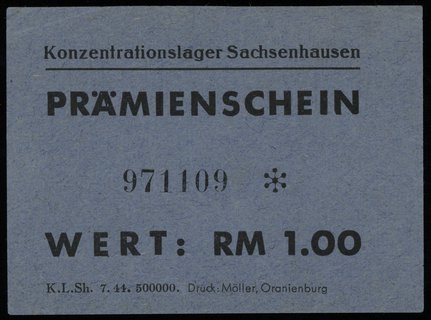 Konzentrationslager Sachsenhausen, Prämienschein (bon) na 1 markę 1944, numeracja 971109, papier niebieski, nadruk K.L.Sh. 7.44.500000.”, Campbell 4062a2a, przegięty, załamania w rogach, rzadki