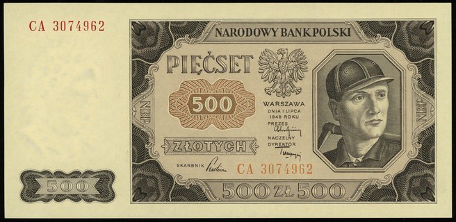 500 złotych 1.07.1948, seria CA, numeracja 3074962, Lucow 1309a (R0), Miłczak 140d, wyśmienicie zachowane, rzadka seria