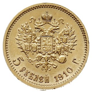 5 rubli 1910 ЭБ, Petersburg, złoto 4.29 g, Bitkin 36 (R), Kazakov 377, rzadki rocznik i piękny stan zachowania