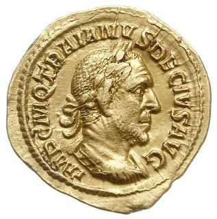 aureus 249-251, Rzym, Aw: Popiersie cesarza w prawo, IMP C M Q TRAIANVS DECIVS AVG, Rw: Uberitas z sakiewką pieniędzy i rogiem obfitości stojąca w lewo, VBERITAS, RIC 28 (R2), C. 104 (200 Fr), Calico 3299, złoto 4.23 g, rzadki i ładnie zachowany