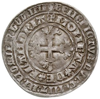 podwójny groot 1365-1384, mennica Gent lub Mechelen, Aw: Lew z hełmem na łbie, LVDOVICVS DEI GRA COMES F DNS FLANDRIE, Rw: Krzyż, BENEDICTVS QVI COMIT IN NOMINE DOMINI / MONETA DE FLANDRIA, srebro 4.01 g, patyna, dość rzadki, sporadycznie pojawiający się w handlu typ monety w ładnym stanie zachowania