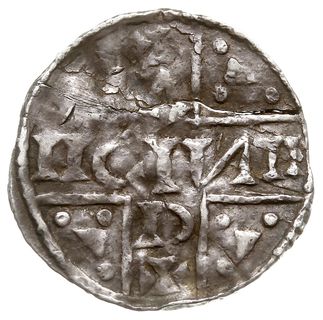 denar 1018-1026, mincerz Anti, Aw: Napis pisany w krzyż HEINII DV, Rw: Dach kaplicy, pod nim wstecznie CNO, legenda pomylona, Hahn 31e10, srebro 1.36 g, gięty, pęknięty