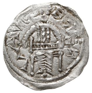 Denar 1146-1157, Aw: Cesarz z mieczem trzymanym poziomo siedzący na tronie na wprost, BOLEZLAVS, Rw: Głowa w prostokątnej ramce, S ADALBERTVS, Gum.H. 88, Str. 51, Such. XIX/1, Kop. 54 (R3), srebro 0.50 g, rzadsza odmiana, bardzo ładny
