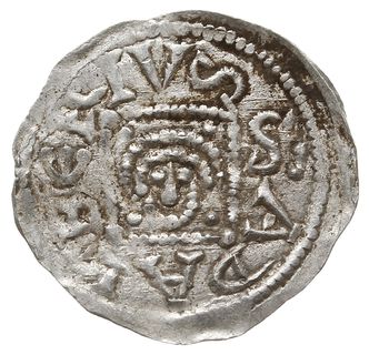 Denar 1146-1157, Aw: Cesarz z mieczem trzymanym poziomo siedzący na tronie na wprost, BOLEZLAVS, Rw: Głowa w prostokątnej ramce, S ADALBERTVS, Gum.H. 88, Str. 51, Such. XIX/1, Kop. 54 (R3), srebro 0.50 g, rzadsza odmiana, bardzo ładny
