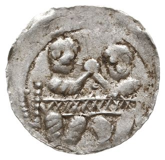 Denar 1146-1157, Aw: Dwaj książęta za stołem, Rw: Rycerz z proporcem i tarczą, Gum.H. 93, Kop. 56 (R1), Str. 59, Such. XIX/2, srebro 0.54 g
