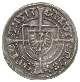 grosz 1513, Królewiec, na rewersie po NOS cztery kółka ułożone w krzyż, Neumann 35, Voss. 1144 (rzadki), ładny egzemplarz, pierwszy rok bicia monet Albrechta