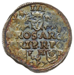 trojak 1597, Poznań, Iger P.97.6.a(R), krążek z krawędzi blaszki, różnobarwna patyna, bardzo ładny, rzadszy typ monety