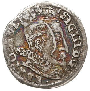 trojak 1597, Wilno, data przedzielona znakiem mennicy głowa wołowa” i herbem Demetriusza Chaleckiego, brak III nad herbem Wazów, moneta dwukrotnie uderzona stemplem - zachowana część napisu awersu na rewersie, Iger V.97.2.a (R), wielobarwna patyna