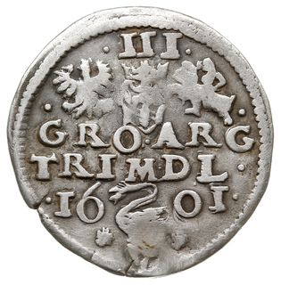 trojak 1601, Wilno, na rewersie herb Łabędź przedziela datę, niżej litera V, Iger V.01.2.b (R3), Ivanauskas 5SV80-49, ciemna patyna, moneta z załatanym otworem, ale rzadki typ