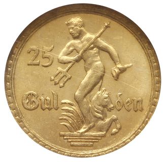 25 guldenów 1930, Berlin, Posąg Neptuna, złoto, Parchimowicz 71, Jaeger D.11, moneta wybita stemplem zwykłym, w pudełku firmy NGC z oceną MS 65, wyśmienite