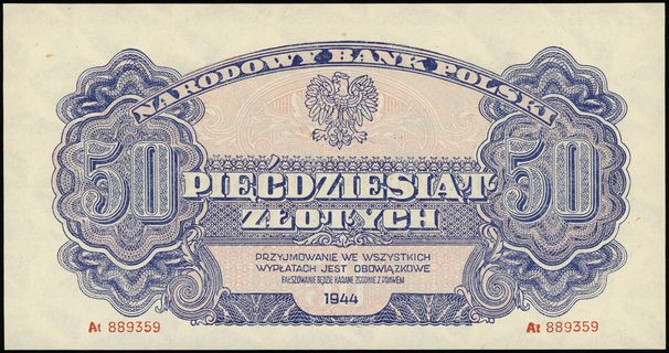 50 złotych 1944, w klauzuli OBOWIĄZKOWE, seria At, numeracja 889359, Lucow 1130 (R4), Miłczak 117b, piękne