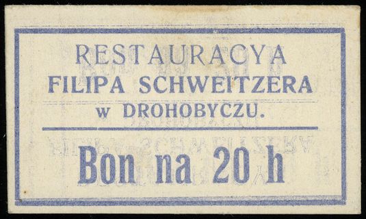 Restauracja Filipa Schweitzera, zestaw bonów: 20 i 50 halerzy (1918), bez stempli ani podpisów, Podczaski G-087.1.b i G-087.2.b, razem 2 sztuki, podklejone na odwrocie, ale wyśmienicie zachowane, bardzo rzadkie