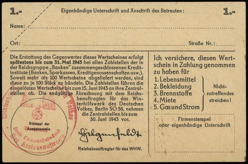 1 marka 1942 / 1943, seria F, numeracja 7901898, na stronie odwrotnej stempel powiatu łódzkiego / Kreis Litzmannstadt-Land, Lucow 893 (R1), niewypełniony blankiet, rzadki