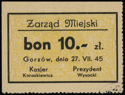 Gorzów, Zarząd Miejski, zestaw bonów: 2 i 10 złotych 27.07.1945, 2 złote z błędną literą \ó\" w Gorzów