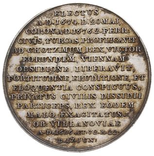 Jan III Sobieski - medal z pocztu królewskiego autorstwa J. J. Reichla po 1792 r., Aw: Popiersie Jana III w zbroi i wieńcu laurowym na głowie w prawo, napis JOANNES III SOBIESCIUS, Rw: Napis poziomy ELECTUS / A.D. 1674.., srebro 42.75 g, 45 mm, H-Cz. 3437 (R3), Racz. 615, patyna, wyśmienicie zachowany