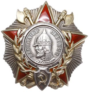 ZSRR - order Aleksandra Newskiego, II wersja, srebro złocone 50.5 x 49.5 mm, złocone i emaliowane, na stronie odwrotnej punca MOHETHЫИ ДBOP i numer 10727, W.W. Sańko s. 109, ładnie zachowany
