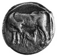 DYRRHACHIUM, AR stater (600 p.n.e.), Aw: Krowa w lewo i cielak, Rw:W kwadracie ozdobny wzór, Sear ..