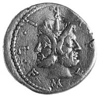 denar- M. Furius L. f. Philus (119 p.n.e.), Aw: Głowa Janusa i napis M. FOVRI L.F.,Rw: Roma stojąc..