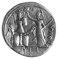 denar- M. Furius L. f. Philus (119 p.n.e.), Aw: Głowa Janusa i napis M. FOVRI L.F.,Rw: Roma stojąc..