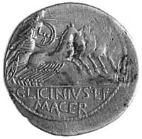 denar- C. Licinius Macer (84 p.n.e.), Aw: Popiersie w diademie Jowisza Vejovisaz piorunem w dłoni,..