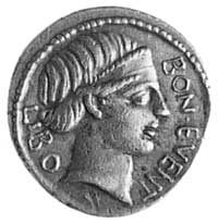 denar- L. Scribonius Libo (62 p.n.e.) Aw: Bonus Eventus w diademie i napis BONEVENT LIBO, Rw: Stud..