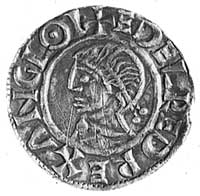 Aethelred II (978-1016), denar, Aw: Popiersie króla i napis, Rw: Mały krzyżw środku i napis: MO LV..