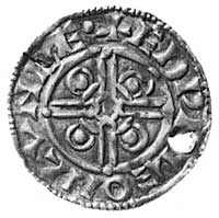 Knut (1016-1035), denar, Aw: Popiersie w hełmie z berłem, napis: CNV... RE.., Rw:Krzyż i czterolis..