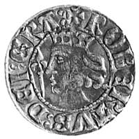 Robert III (1371-1390), denar, Aw: Głowa z koroną i berłem i napis: ROBERTVSDEI GRA..., Rw: Długi ..