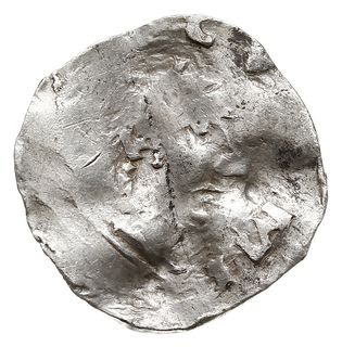 denar, Aw: Popiersie cesarza w koronie w prawo, fragment napisu HENRICVS IMP, Rw: Stojąca postać  na wprost z włócznią, Dbg 1180, srebro 1.22, gięty, rzadki