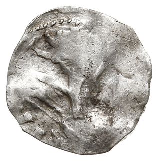denar, Aw: Popiersie cesarza w koronie w prawo, fragment napisu HENRICVS IMP, Rw: Stojąca postać  na wprost z włócznią, Dbg 1180, srebro 1.22, gięty, rzadki