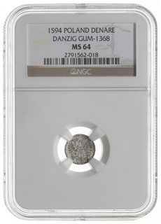 denar 1594, Gdańsk, CNG 145.V, Kop. 7460 (R2), moneta w pudełku NGC MS64, wyśmienity egzemplarz