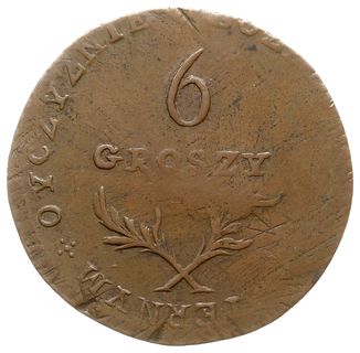 6 groszy 1813, Zamość, odmiana z napisem otokowym na rewersie, Plage 121, Bitkin 7 (R3), Berezowski 15 zł,  wada blachy, ale bardzo ładny stan zachowania jak na ten typ rzadkiej monety