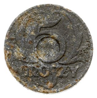 5 groszy 1939, cynk, moneta bez otworu z wyraźnie zaznaczonym dla niego miejscem, Parchimowicz 9.b, ślady korozji, bardzo rzadkie