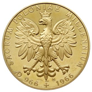 medal sygnowany CV z 1966 roku poświęcony Millenium Chrztu Polski, Aw: Matka Boska Częstochowska,  z lewej MÓDL SIĘ ZA NAMI, wokoło TYSIĄCLECIE POLSKI CHRZEŚCIAŃSKIEJ, Rw: Orzeł w koronie,  wokoło SACRUM POLONIAE MILLENNIUM / AD 966 + 1966, punce w tle, złoto próby 900, 32 mm, 17.58 g,  bardzo ładnie zachowany, patyna