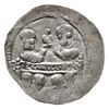 denar z lat 1146-1157, Aw: Dwaj książęta siedzący wspólnie za stołem, skierowani ku sobie trzymają..
