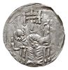 denar z lat 1157-1166, Aw: Cesarz siedzący na tronie na wprost, trzymający lilię w dłoni po prawej..