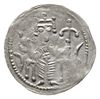 denar z lat 1157-1166, Aw: Cesarz siedzący na tronie na wprost, trzymający lilię w dłoni po prawej..