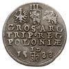 trojak 1588, Olkusz, awers typowy dla trojaków z tarczą czteropolową, na rewersie nowy typ monety ..