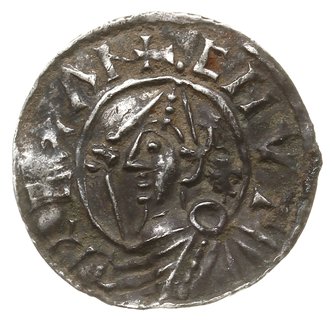 denar typu pointed helmet, 1024-1030, mennica Lincoln, mincerz Leofinc