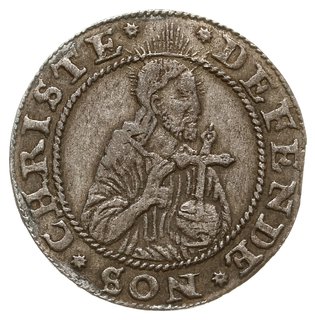 grosz oblężniczy 1577, Gdańsk, odmiana bez kawki”, grosz wybity w czasie gdy zarządcą mennicy był  K. Goebl, na awersie głowa Chrystusa nie przerywa wewnętrznej obwódki