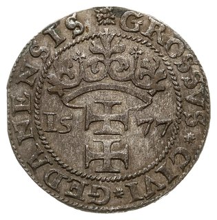 grosz oblężniczy 1577, Gdańsk, odmiana bez kawki”, grosz wybity w czasie gdy zarządcą mennicy był  K. Goebl, na awersie głowa Chrystusa nie przerywa wewnętrznej obwódki