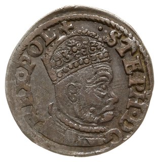 trojak 1579, Olkusz, Aw: mała głowa króla i napis STEPH D G - REX POL, Rw: III / GROS ARG /  TRIP REG / POLONIAE / data przedzielona herbem Batorych