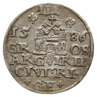 trojak 1586, Ryga, mała głowa króla, końcówka napisu na awersie PO D L